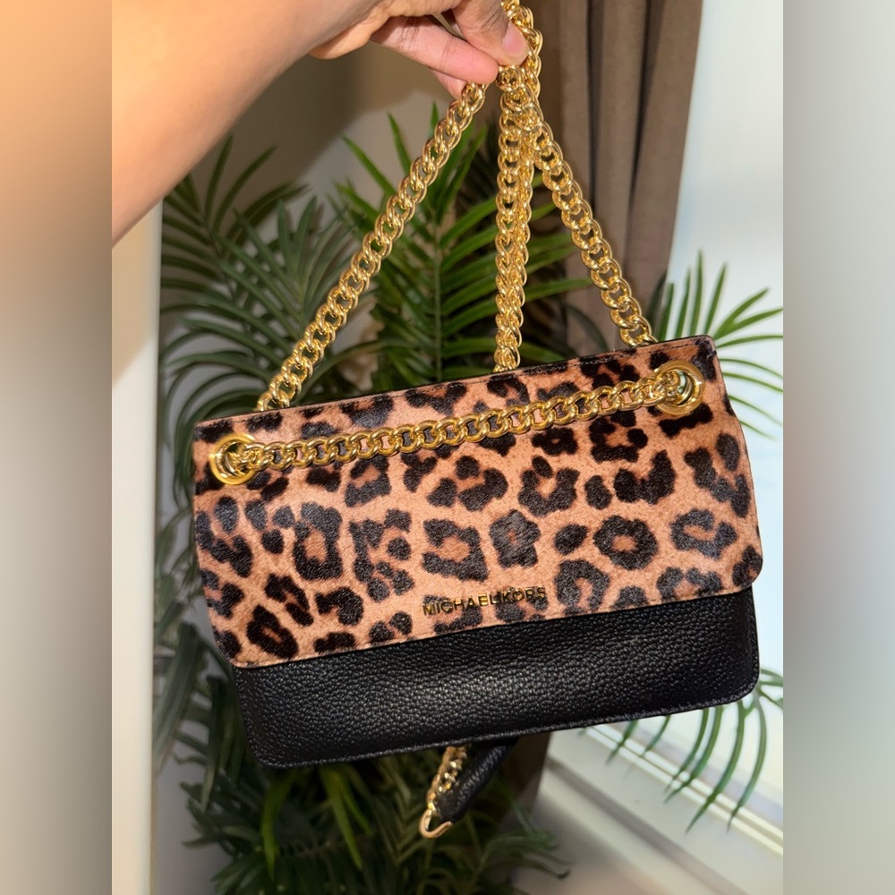 Michael Kors Leopard and Black Leather Crossbody with Gold Chain